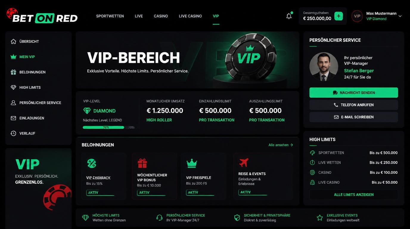 Sportsbook Bildschirm mit VIP-Level, Belohnungen und persönlichem Service