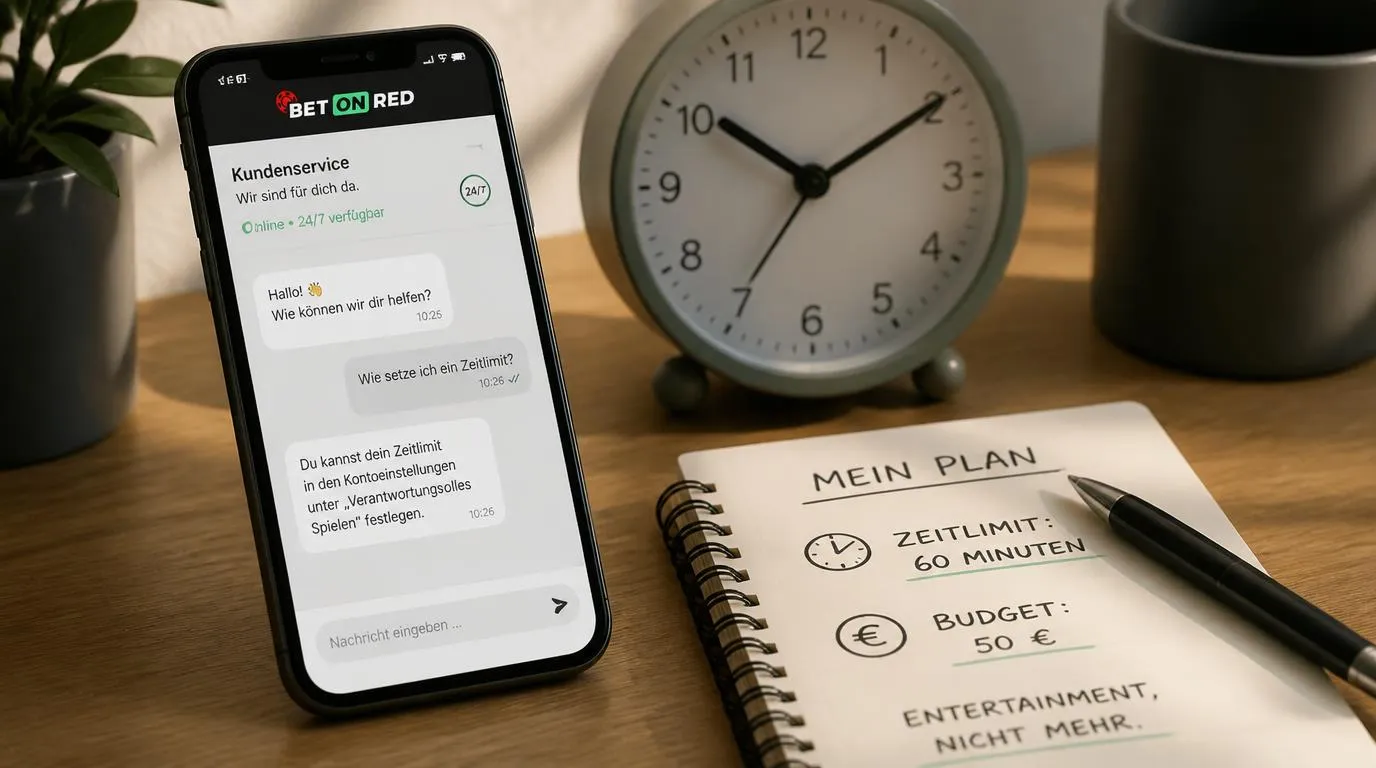 Smartphone mit geöffnetem Live-Chat neben einer Uhr und einem Notizbuch für das Spielbudget