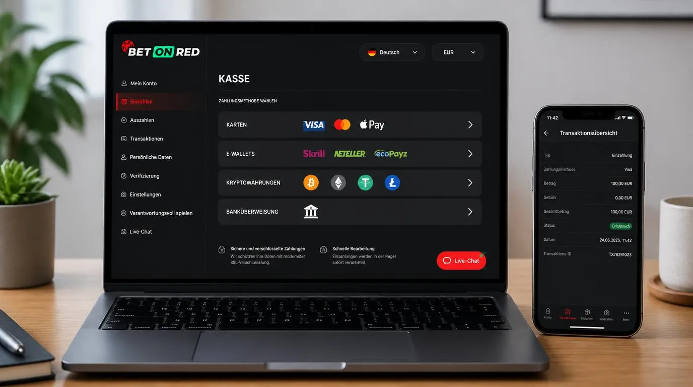 Casino-Kasse auf einem Laptop mit deutscher Sprachauswahl, EUR-Währung und sichtbarem Live-Chat