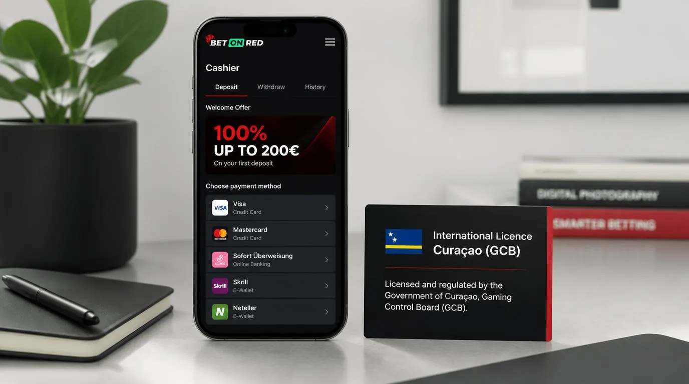 Smartphone mit Casino-Kasse und Willkommensangebot neben einer Karte mit internationalem Lizenzhinweis