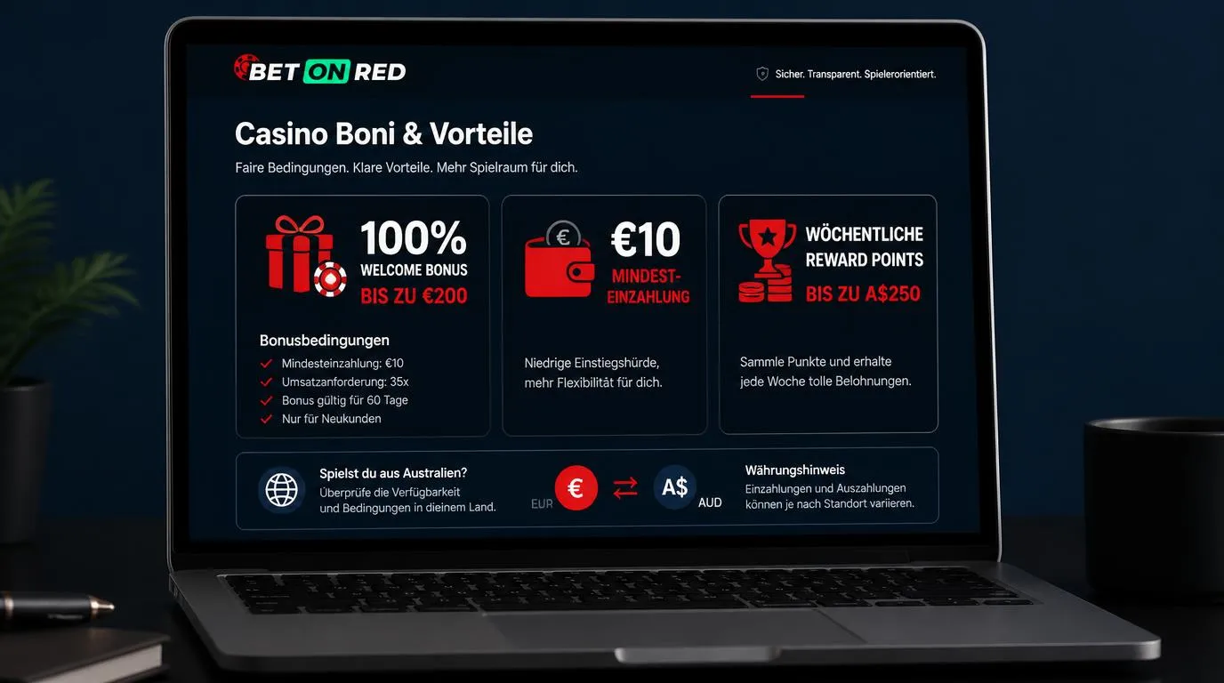 Casino-Bonusübersicht mit Willkommensangebot, Mindesteinzahlung und wöchentlichen Prämienpunkten
